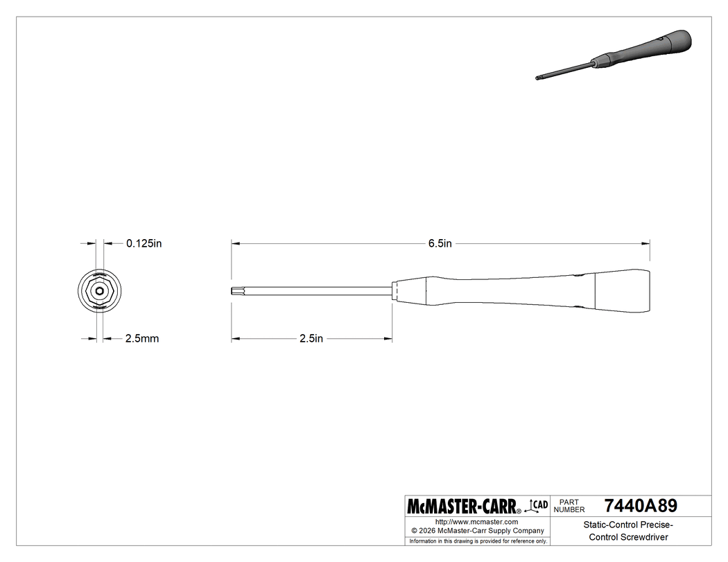 Technical Drawing of Static-Control Precise-Control Screwdriver, 2.5 mm Hex.